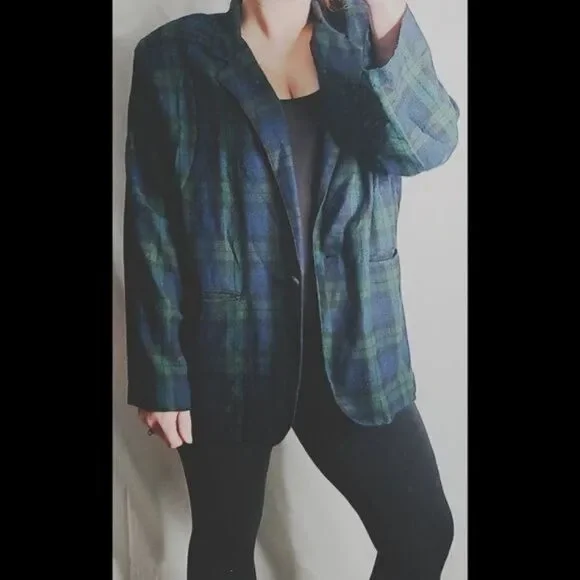 Vintage 90s Dark Green Navy Plaid Grunge Oversized Blazer Size 18/20 XXXL - Picture 2 of 12